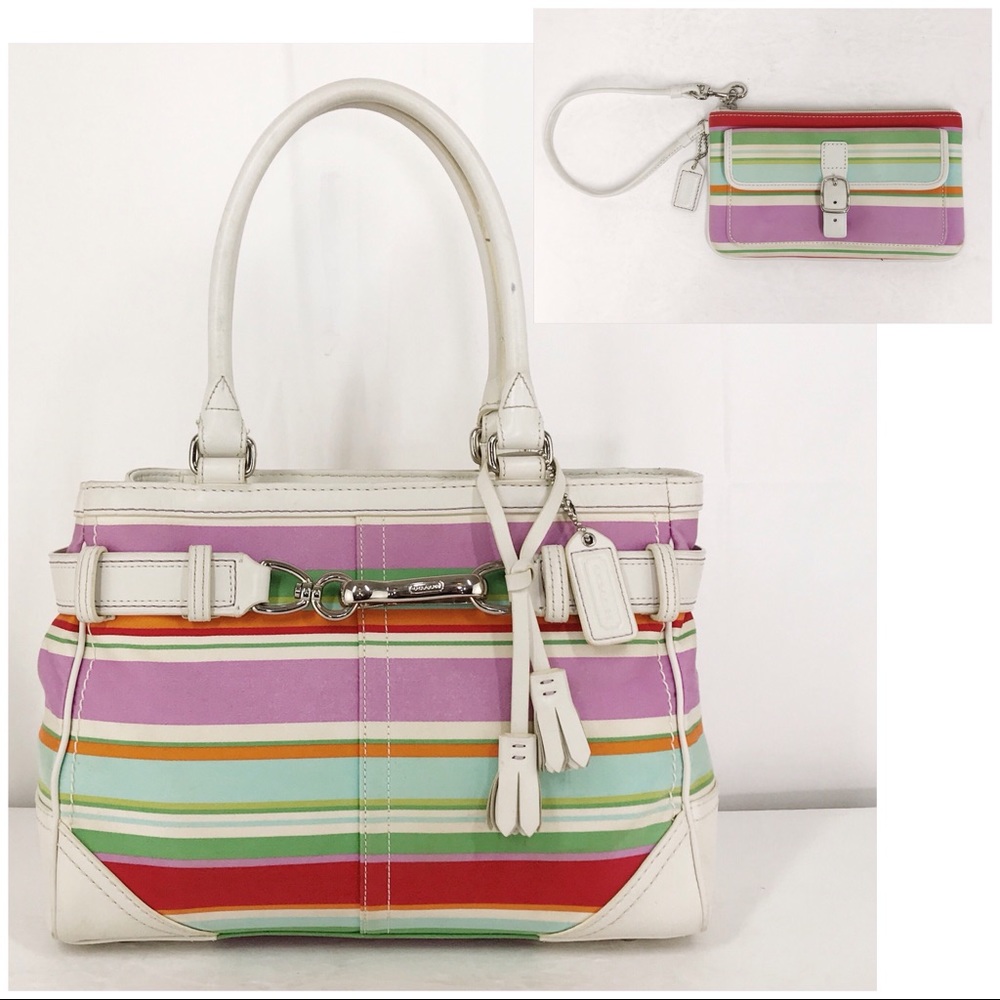 Coach Hamptons White Leather & Striped Sateen Set